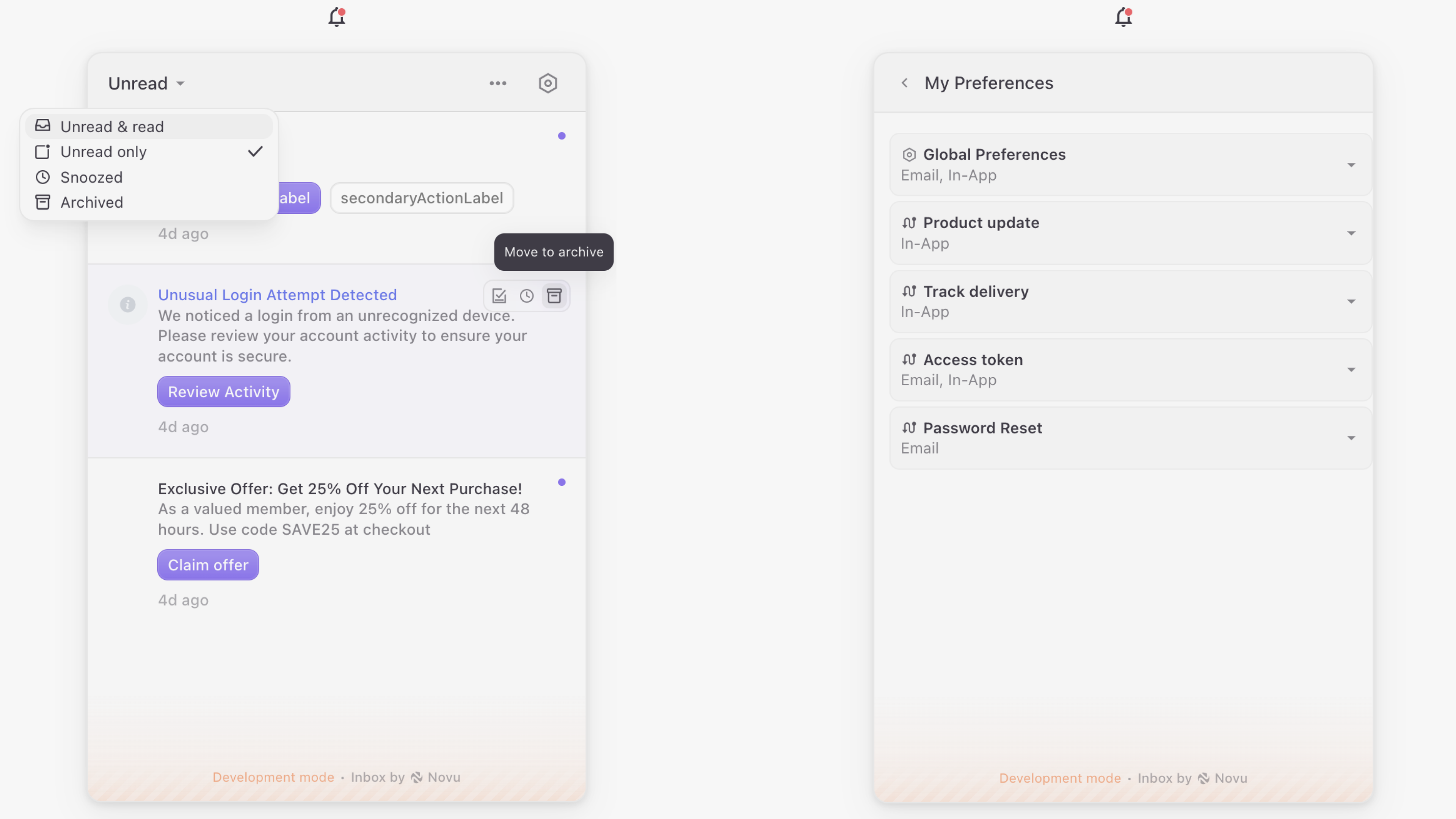 Overriding the default text in the Inbox component UI using localization prop